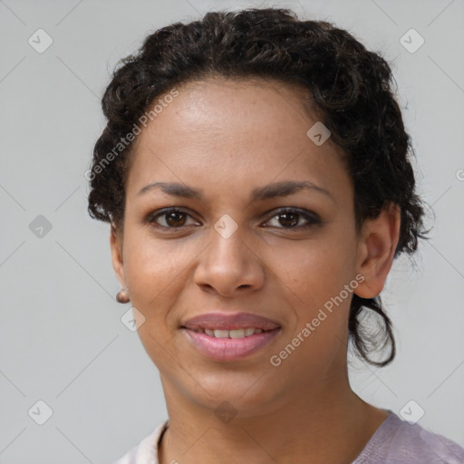 Joyful latino young-adult female with short  brown hair and brown eyes