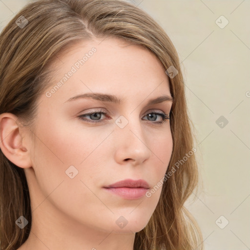 Neutral white young-adult female with long  brown hair and grey eyes