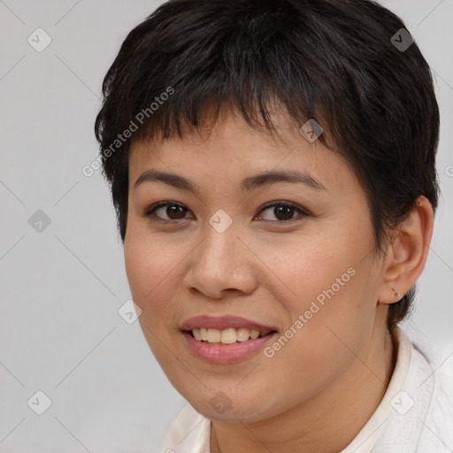 Joyful white young-adult female with short  brown hair and brown eyes