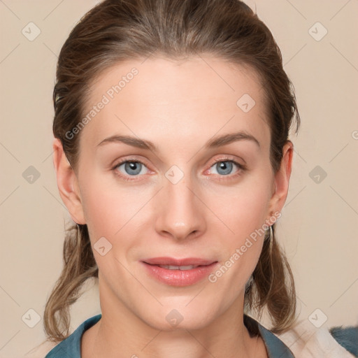 Joyful white young-adult female with medium  brown hair and blue eyes