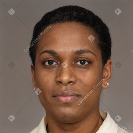 Neutral black young-adult female with short  black hair and brown eyes