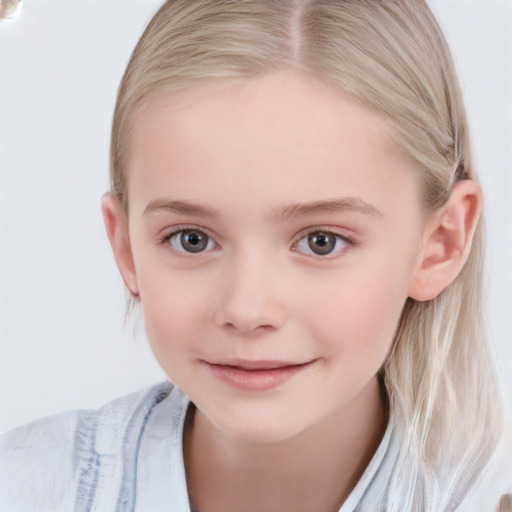 Joyful white child female with medium  brown hair and grey eyes