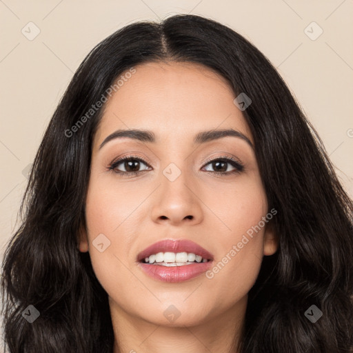 Joyful asian young-adult female with long  black hair and brown eyes