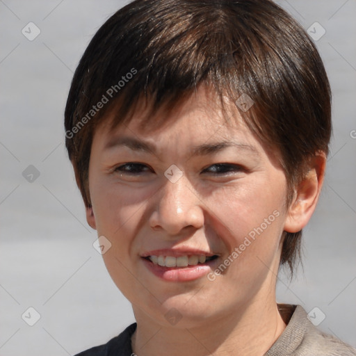 Joyful white adult female with medium  brown hair and brown eyes