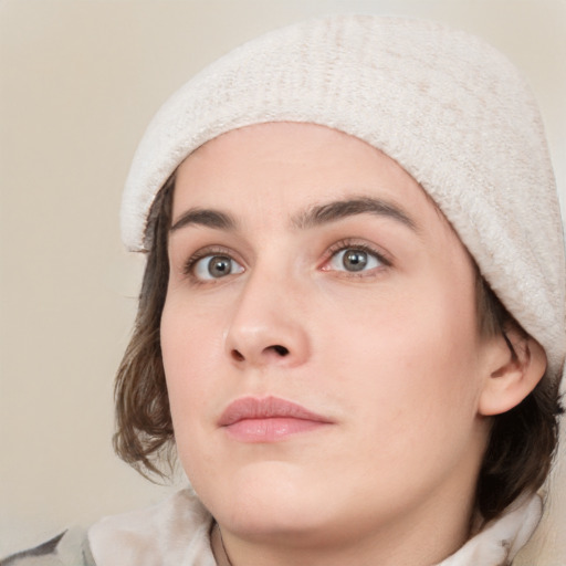 Neutral white young-adult female with medium  brown hair and grey eyes