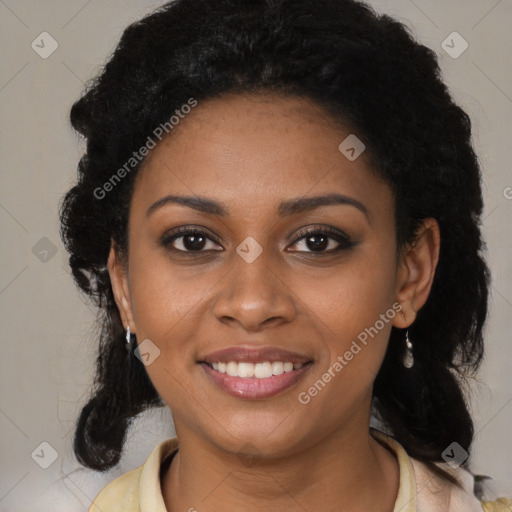 Joyful black young-adult female with medium  black hair and brown eyes