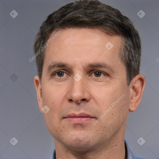 Neutral white adult male with short  brown hair and brown eyes