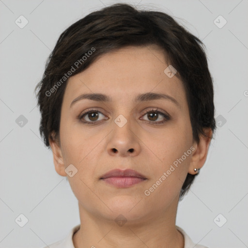 Neutral white young-adult female with short  brown hair and brown eyes