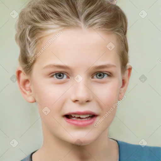 Joyful white child female with short  brown hair and grey eyes