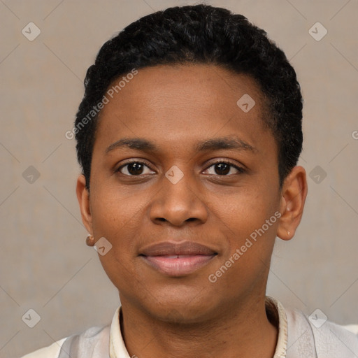 Joyful black young-adult female with short  black hair and brown eyes