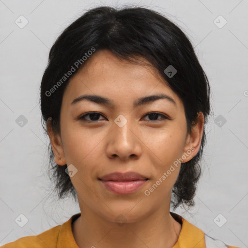 Joyful asian young-adult female with medium  black hair and brown eyes