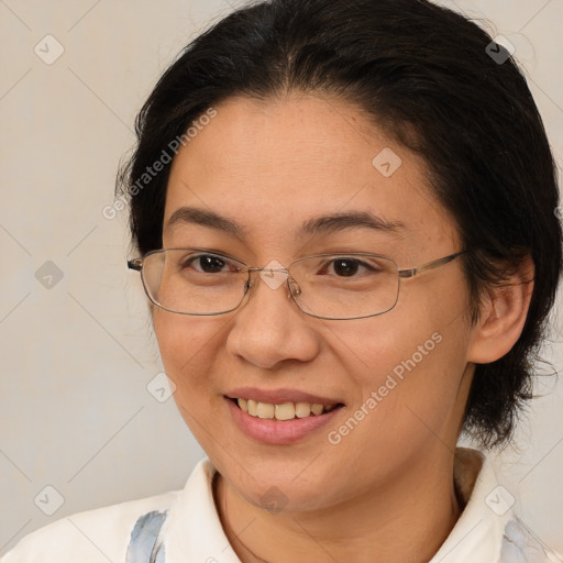 Joyful white adult female with medium  brown hair and brown eyes