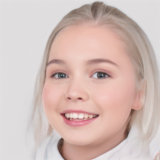 Joyful white child female with medium  brown hair and blue eyes