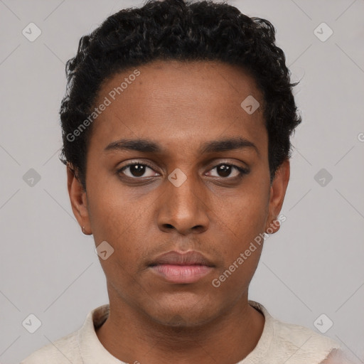 Neutral black young-adult male with short  black hair and brown eyes