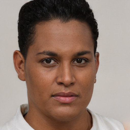 Neutral latino young-adult female with short  brown hair and brown eyes