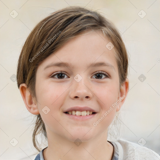 Joyful white child female with medium  brown hair and grey eyes