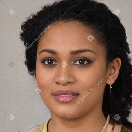 Joyful latino young-adult female with long  black hair and brown eyes