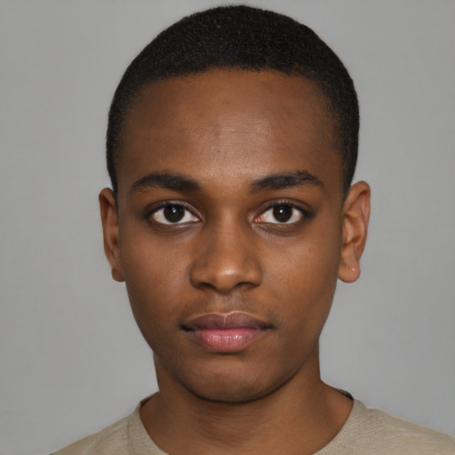 Neutral black young-adult male with short  black hair and brown eyes