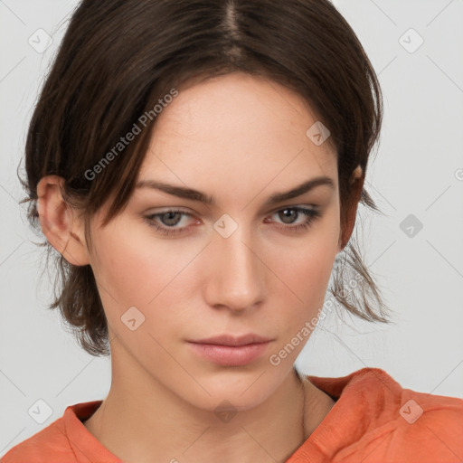 Neutral white young-adult female with medium  brown hair and brown eyes