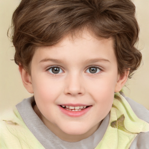 Joyful white child female with short  brown hair and brown eyes