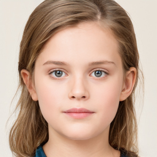 Neutral white child female with long  brown hair and grey eyes