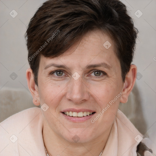 Joyful white adult female with short  brown hair and brown eyes