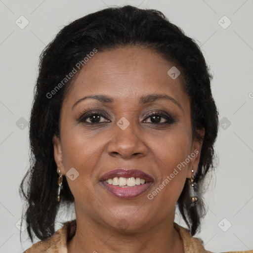 Joyful black adult female with medium  brown hair and brown eyes