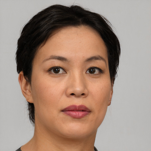 Joyful asian adult female with medium  brown hair and brown eyes