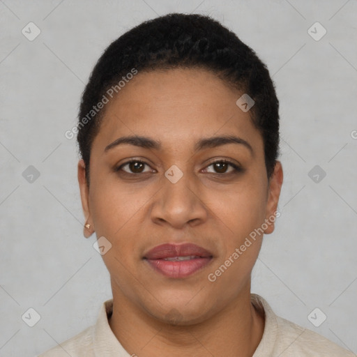 Joyful latino young-adult female with short  brown hair and brown eyes