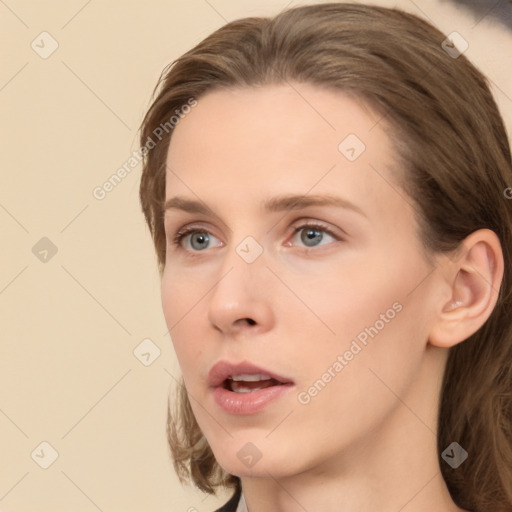 Neutral white young-adult female with medium  brown hair and grey eyes