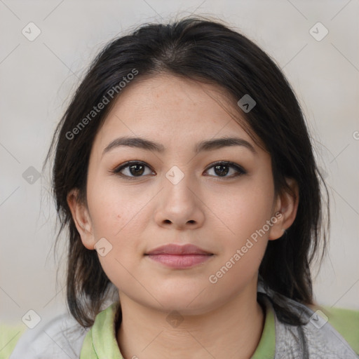 Neutral asian young-adult female with medium  brown hair and brown eyes