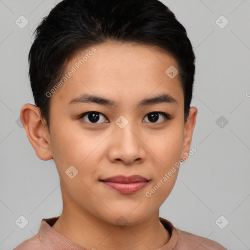 Joyful asian young-adult female with short  brown hair and brown eyes