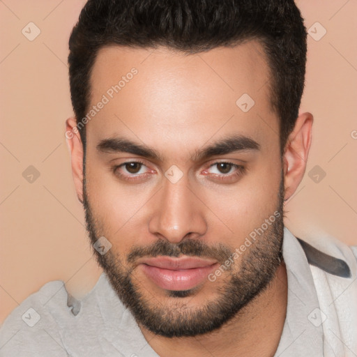 Neutral white young-adult male with short  brown hair and brown eyes