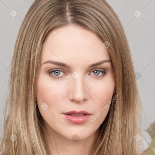 Neutral white young-adult female with long  brown hair and brown eyes