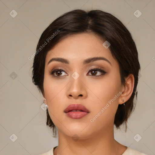 Neutral asian young-adult female with medium  brown hair and brown eyes