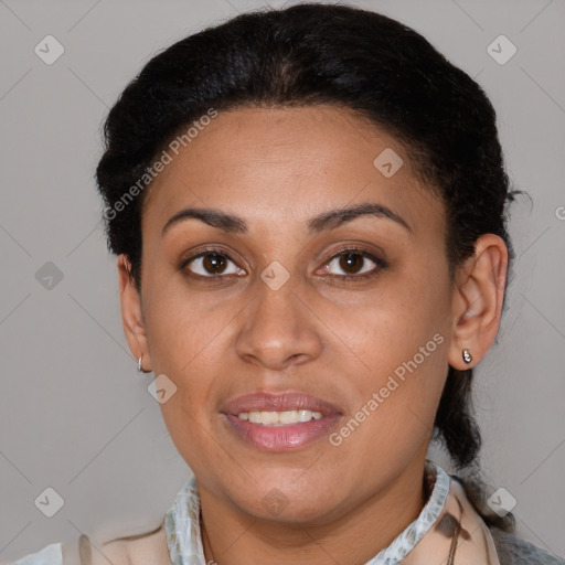 Joyful latino young-adult female with short  brown hair and brown eyes