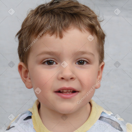 Joyful white child male with short  brown hair and brown eyes