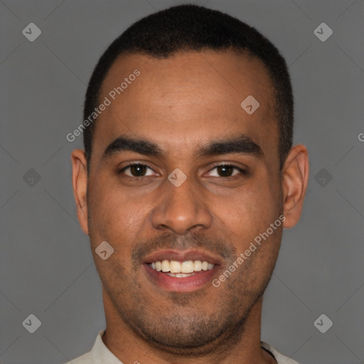 Joyful black young-adult male with short  brown hair and brown eyes