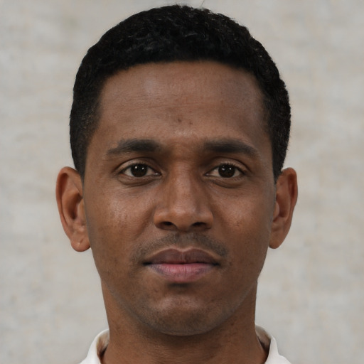 Neutral black young-adult male with short  black hair and brown eyes