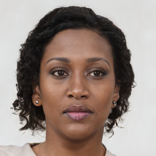 Neutral black young-adult female with long  brown hair and brown eyes