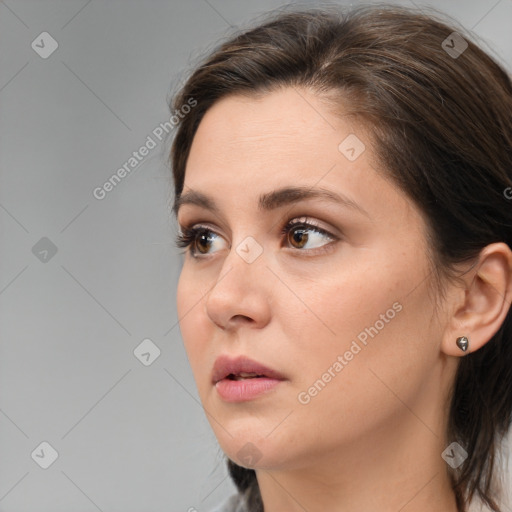 Neutral white young-adult female with medium  brown hair and brown eyes