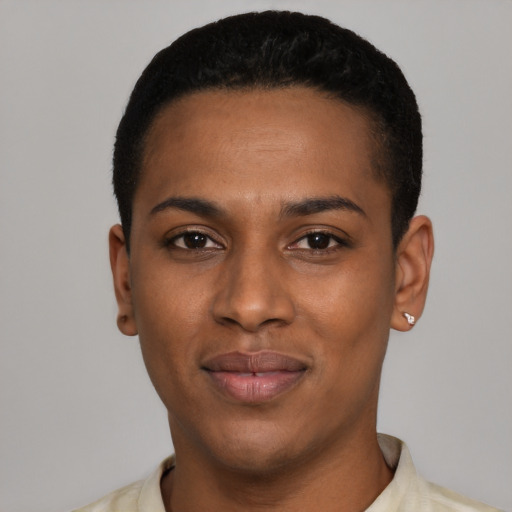 Joyful black young-adult male with short  black hair and brown eyes