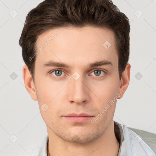 Neutral white young-adult male with short  brown hair and grey eyes