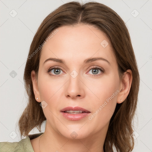 Neutral white young-adult female with medium  brown hair and grey eyes