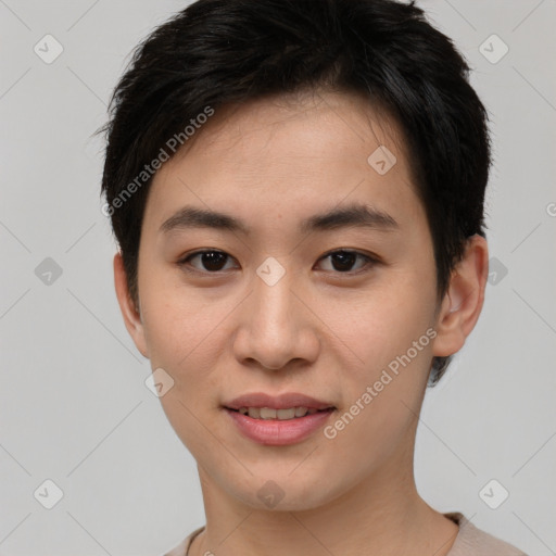 Joyful asian young-adult female with short  brown hair and brown eyes