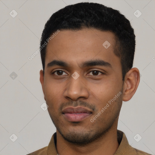 Neutral latino young-adult male with short  black hair and brown eyes