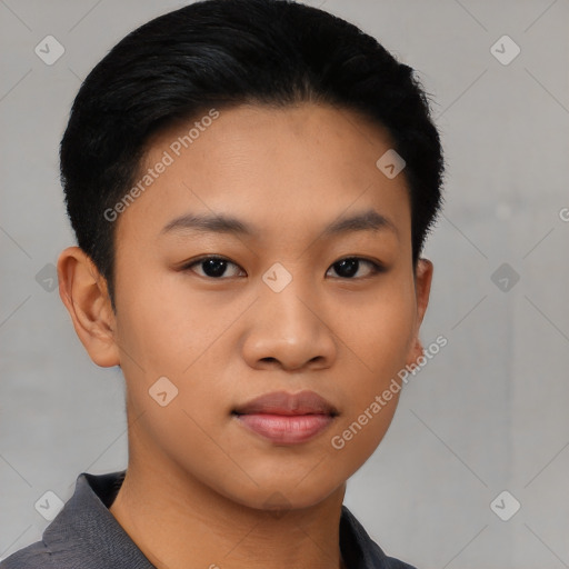 Joyful asian young-adult female with short  black hair and brown eyes