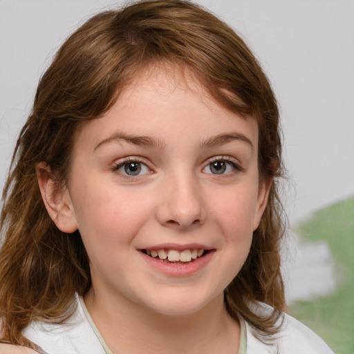 Joyful white child female with medium  brown hair and brown eyes