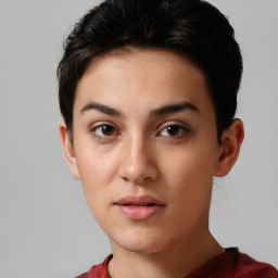 Neutral white young-adult female with short  black hair and brown eyes