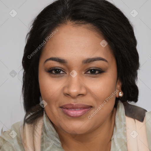 Joyful latino young-adult female with long  brown hair and brown eyes